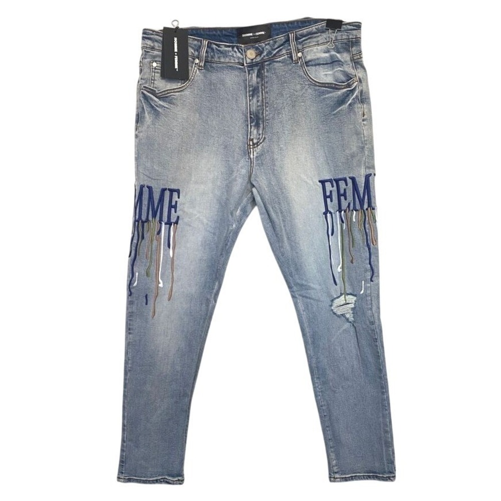 Homme + Femme Mens Light Wash Drip Embroidered Distressed Denim Jeans  SZ 36